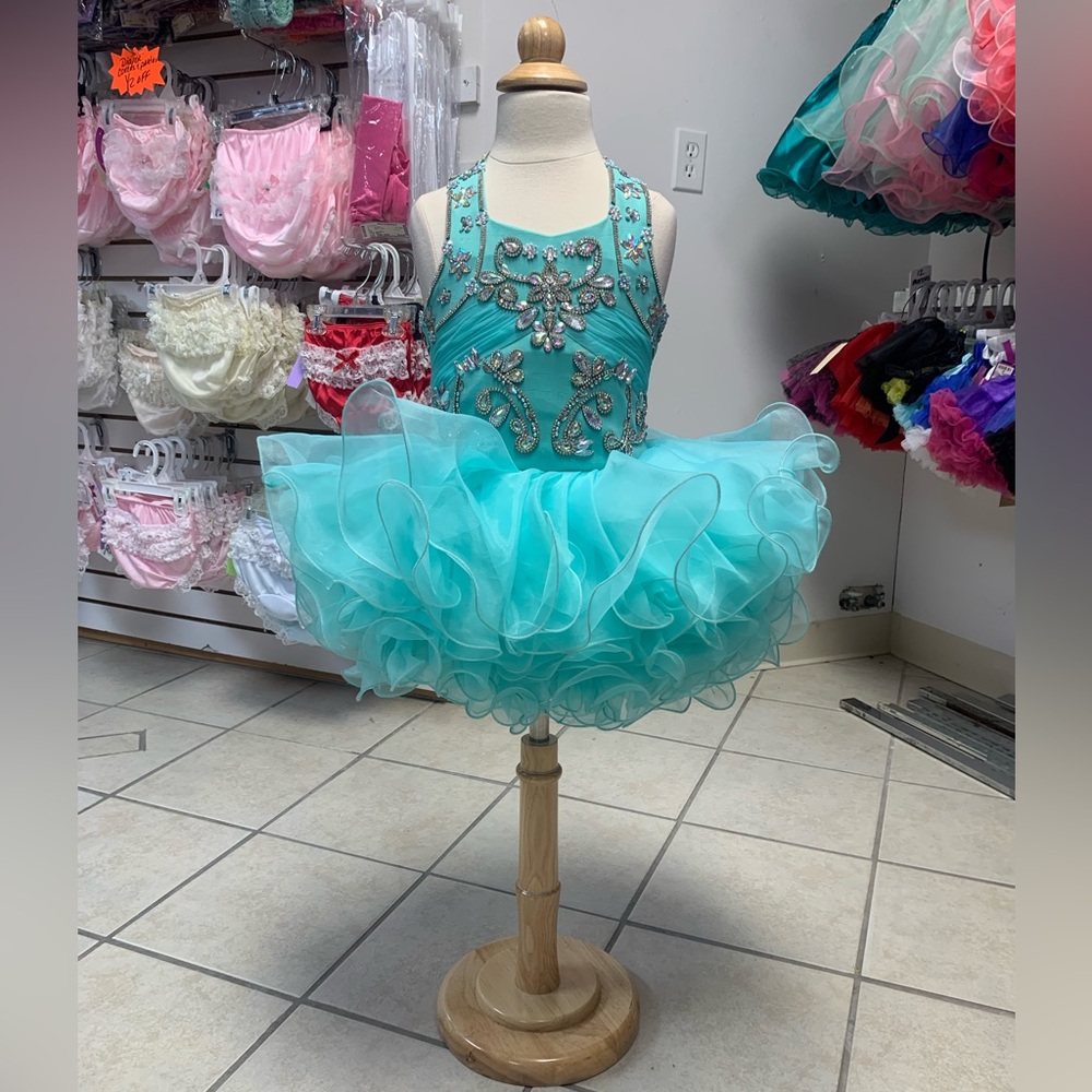 Size 4 Aqua Corset Back Halter Neck Beaded Cupcake Pageant Dress & Bow NWT
